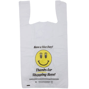 Easy Open - White Happy Face/Smiley Face HDPE T-Shirt Bags - Full Size - 1/6 BBL 12"X7"X22" - 400 Bags - 15 microns - White - HF1272215M-EO - AssurePak