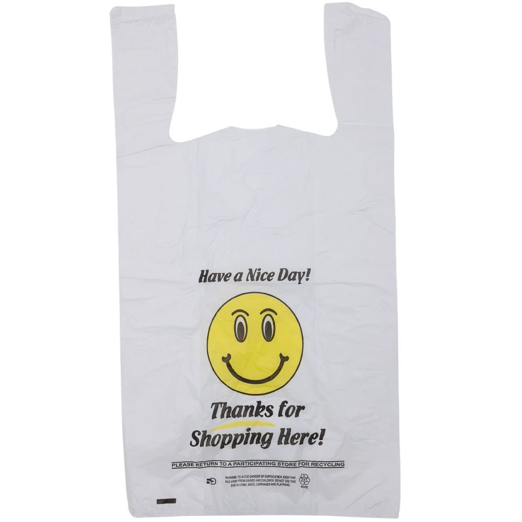 Easy Open - White Happy Face/Smiley Face HDPE T-Shirt Bags - Full Size - 1/6 BBL 12