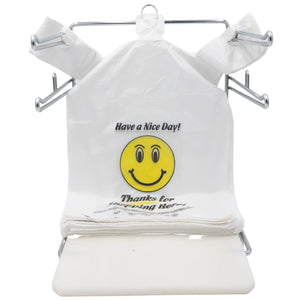 Easy Open - White Happy Face/Smiley Face HDPE T-Shirt Bags - Full Size - 1/6 BBL 12"X7"X22" - 400 Bags - 15 microns - White - HF1272215M-EO - AssurePak