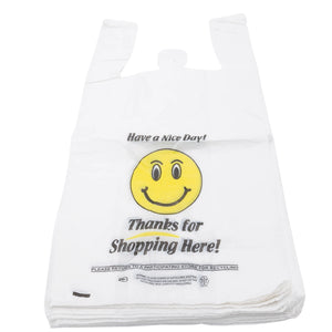 Easy Open - White Happy Face/Smiley Face HDPE T-Shirt Bags - Full Size - 1/6 BBL 12"X7"X22" - 400 Bags - 15 microns - White - HF1272215M-EO - AssurePak