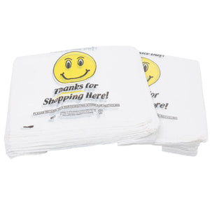 Easy Open - White Happy Face/Smiley Face HDPE T-Shirt Bags - Full Size - 1/6 BBL 12"X7"X22" - 400 Bags - 15 microns - White - HF1272215M-EO - AssurePak